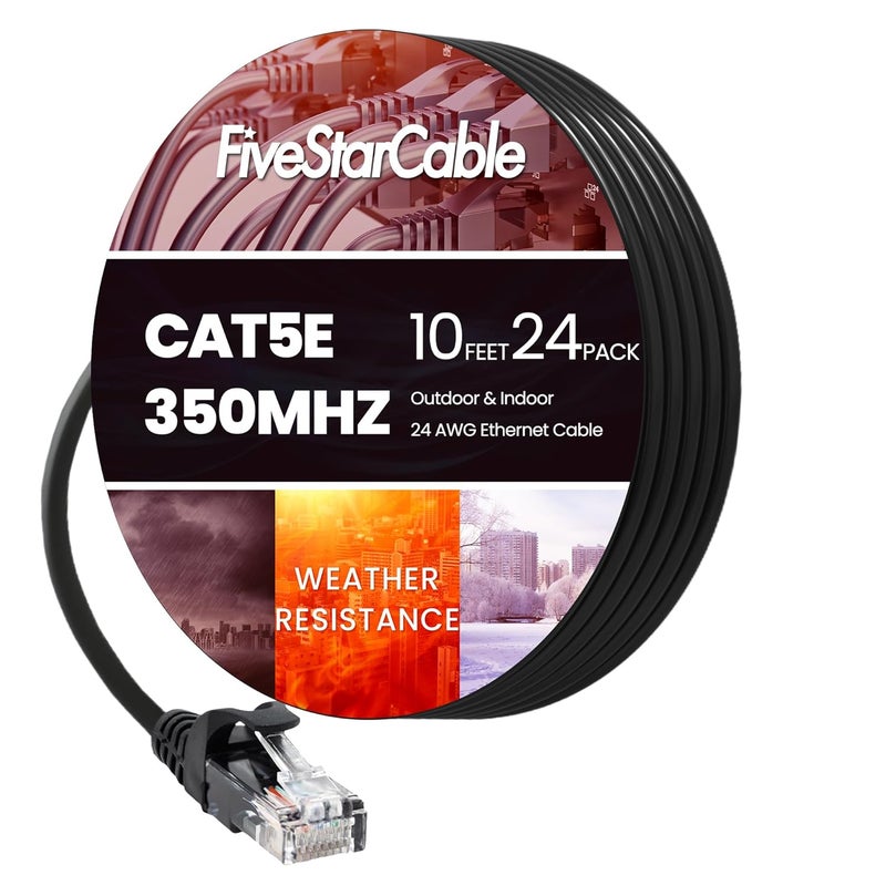 FiveStarCable 24 Pack Snagless Short Cat 5e Ethernet Cable - 10 Ft, High-Speed Internet Network Cable, PoE, RJ45 Connector, Gigabit LAN Patch Cord for Router, Modem, PC, Gaming, Smart TV, PS5, Black - Image 1